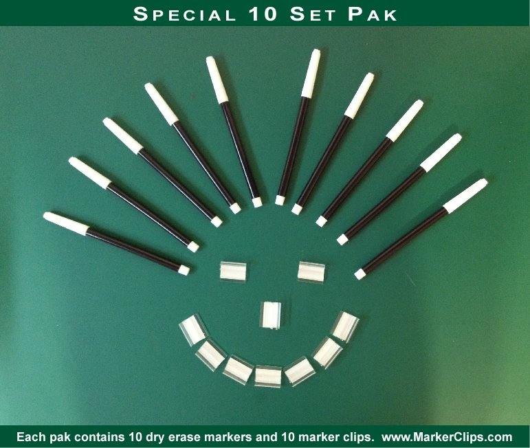 Dry erase marker holders, dry erase marker clips, and dry erase markers